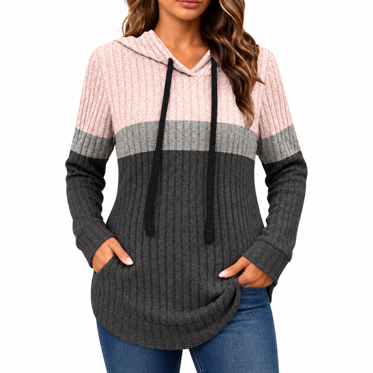 Color Block Knitted Long Sleeve Warm Casual Pullover Top