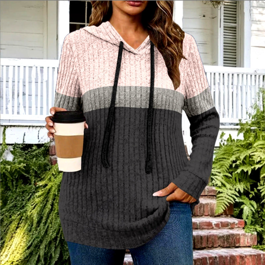 Color Block Knitted Long Sleeve Warm Casual Pullover Top