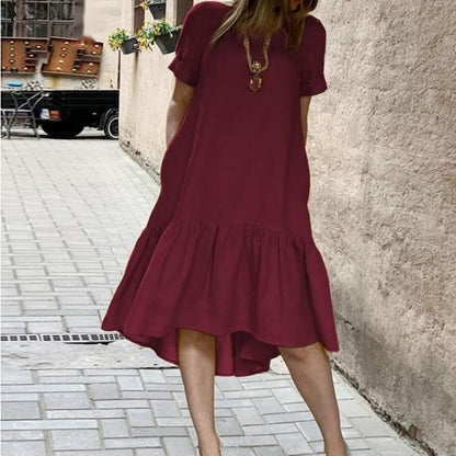 Summer Solid Color Ruffle Midi Dress Short Sleeve Casual Loose Fit Dress