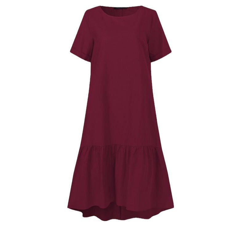 Summer Solid Color Ruffle Midi Dress Short Sleeve Casual Loose Fit Dress