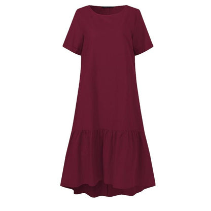 Summer Solid Color Ruffle Midi Dress Short Sleeve Casual Loose Fit Dress