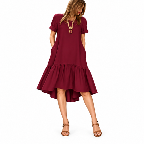 Summer Solid Color Ruffle Midi Dress Short Sleeve Casual Loose Fit Dress