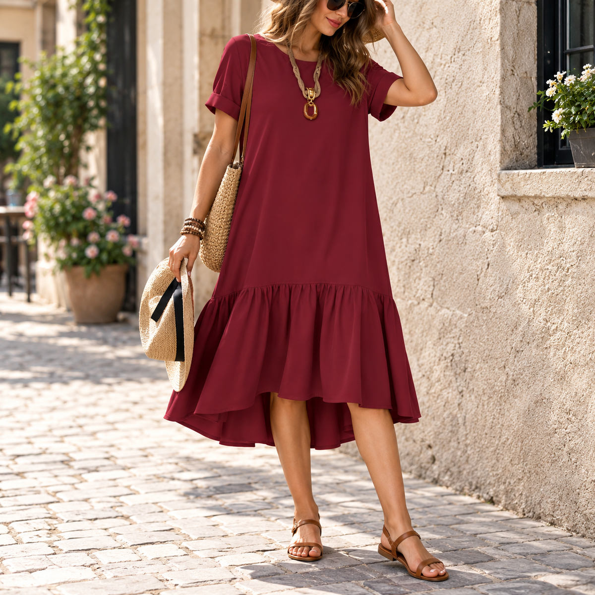 Summer Solid Color Ruffle Midi Dress Short Sleeve Casual Loose Fit Dress