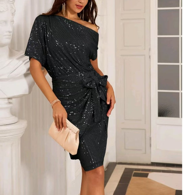 Sparkle One Shoulder Ruched Party Dress Elegant Clubwear Fashion Dress