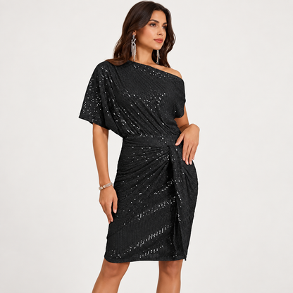 Sparkle One Shoulder Ruched Party Dress Elegant Clubwear Fashion Dress
