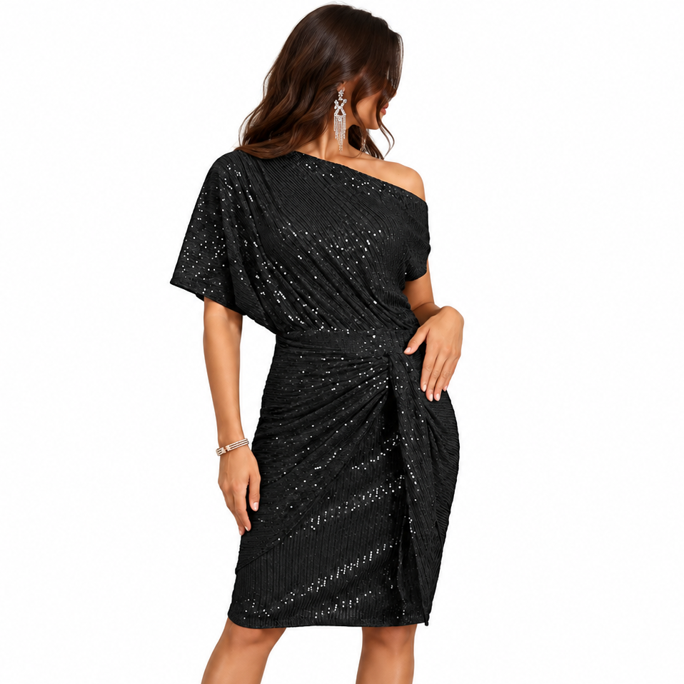 Sparkle One Shoulder Ruched Party Dress Elegant Clubwear Fashion Dress