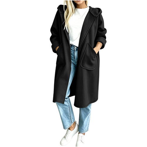 Solid Color Hooded Zip Up Long Cardigan Sweatshirt Jacket Loose Fit Casual Coat