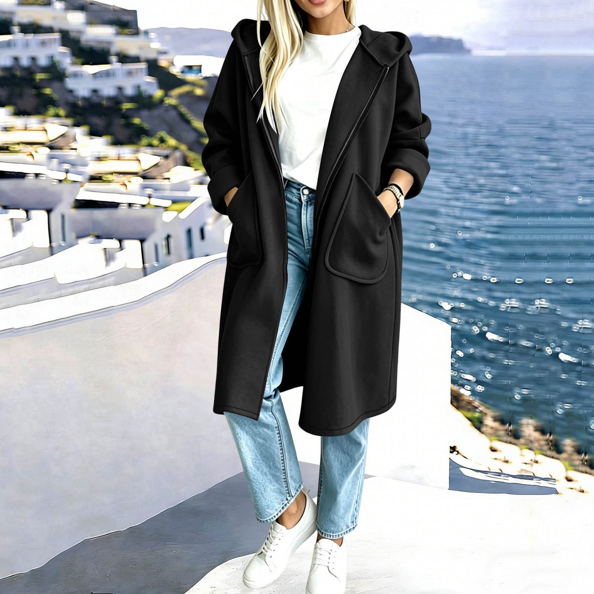 Solid Color Hooded Zip Up Long Cardigan Sweatshirt Jacket Loose Fit Casual Coat