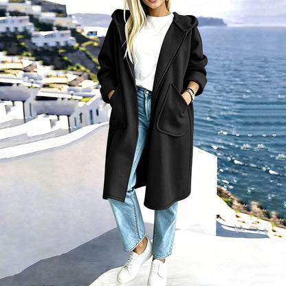 Solid Color Hooded Zip Up Long Cardigan Sweatshirt Jacket Loose Fit Casual Coat