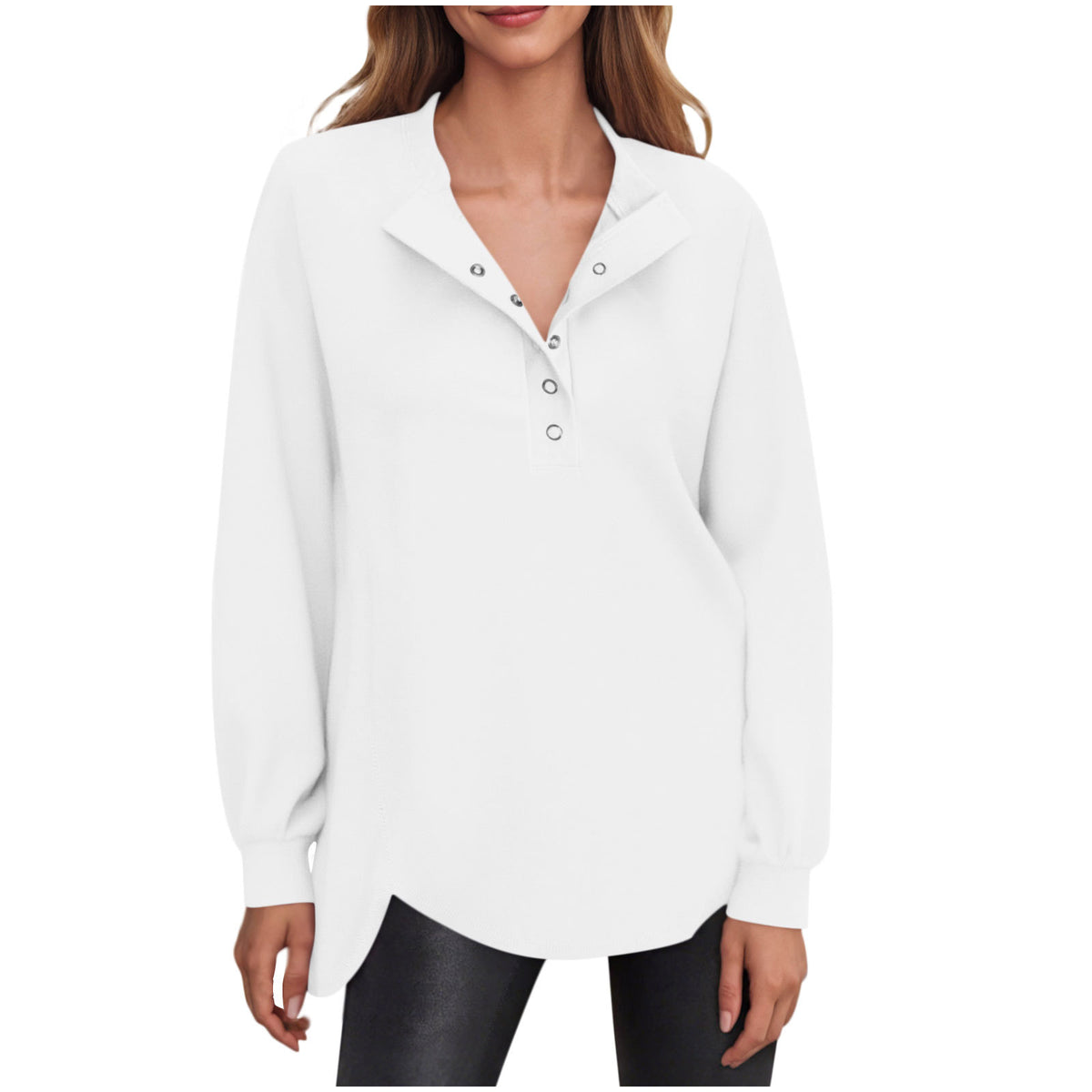 Solid Color Crew Neck Button Detail Long Sleeve Sweatshirt Casual Fashion Top
