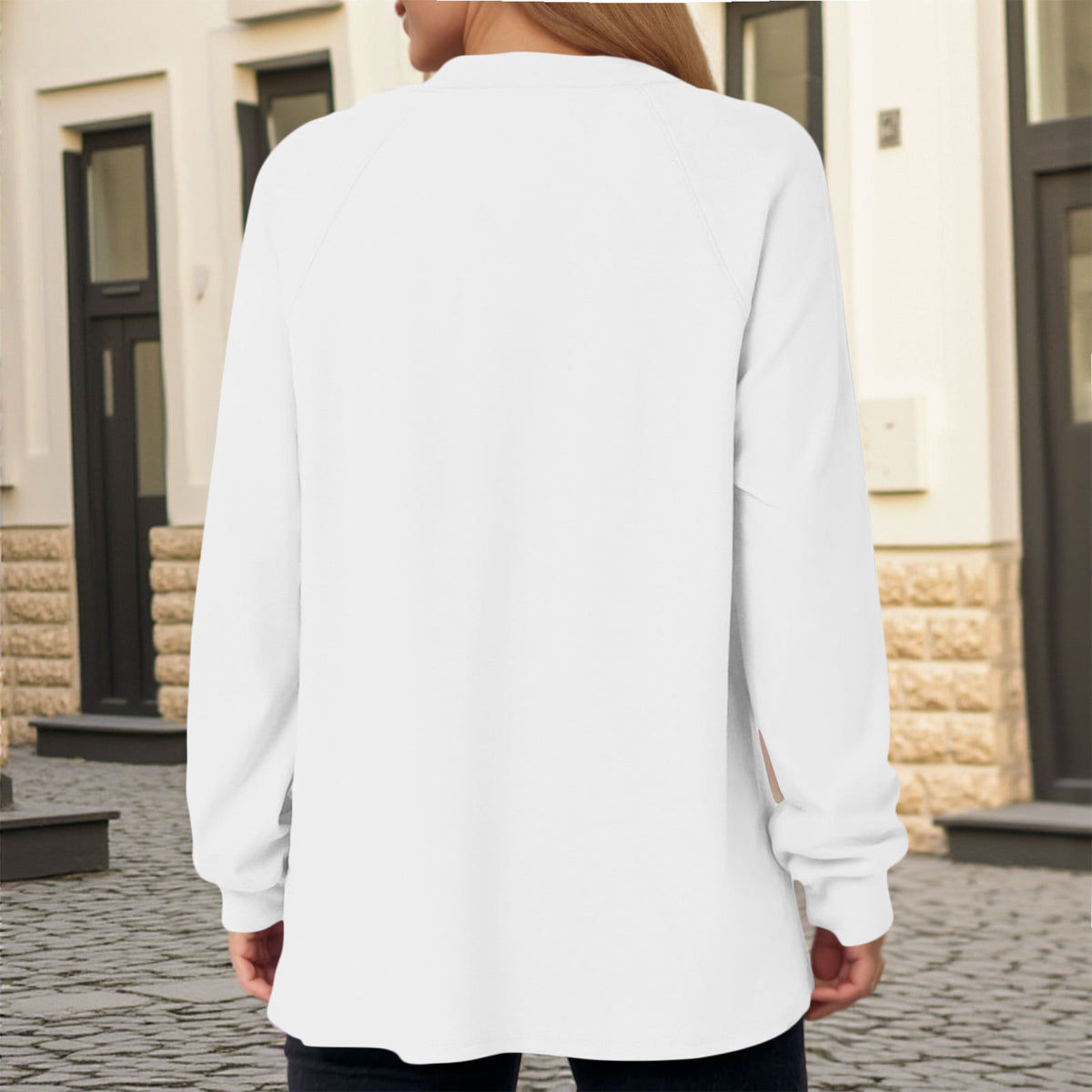 Solid Color Crew Neck Button Detail Long Sleeve Sweatshirt Casual Fashion Top